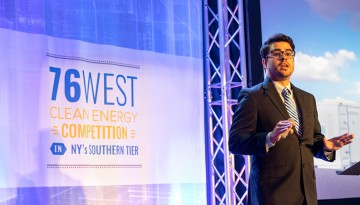 Gabriel G. Rodrguez-Calero, Ph.D. '14, pitches Ecolectro, a startup he co-founded, at the 76West Clean Energy Competition