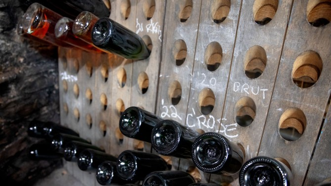 In Dr. Konstantin Frank Winery’s champagne cave, bottles of sparkling wine are spun strategically to remove the plug of dead yeast in bottles.