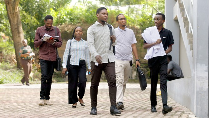Students at Weill Bugando School of Medicine walk to class. The school has a total enrollment of about 1,000 students.