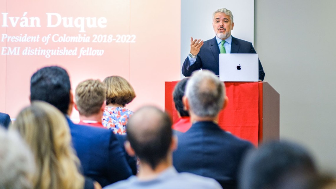 Iván Duque speaks at the EMI fellows class of 2024 graduation ceremony, May 24 in Sage Hall.