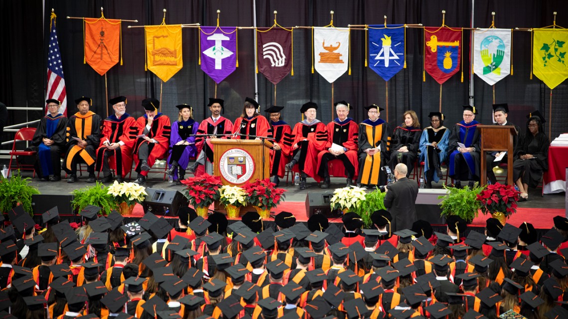 President Martha E. Pollack delivers her address during the Recognition Ceremony for December Graduates