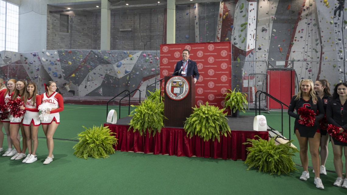 Ryan Lombardi, vice president for student and campus life, speaks at the groundbreaking ceremony for the Meinig Fieldhouse project.