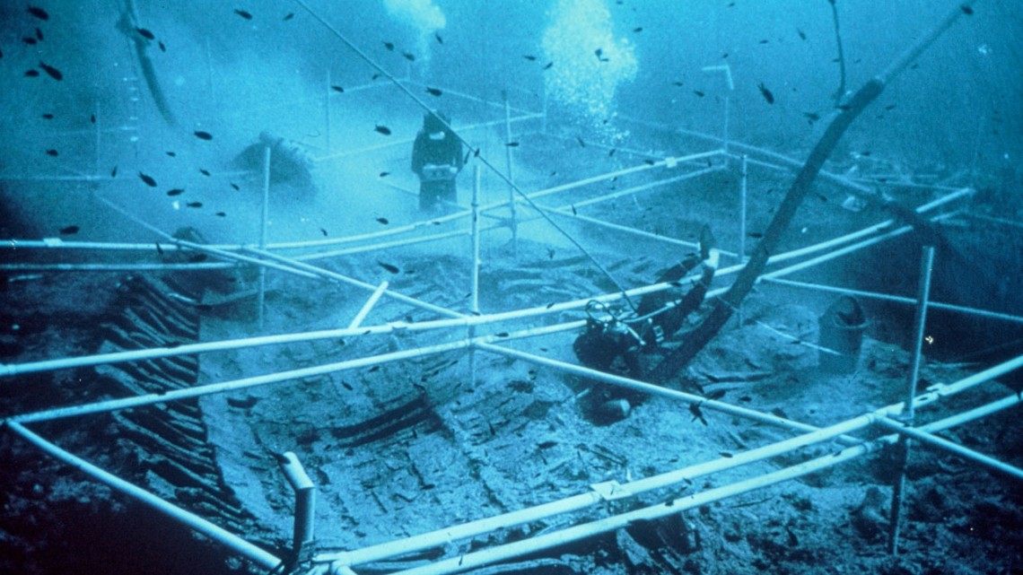 Kyrenia ship hull under water during excavation